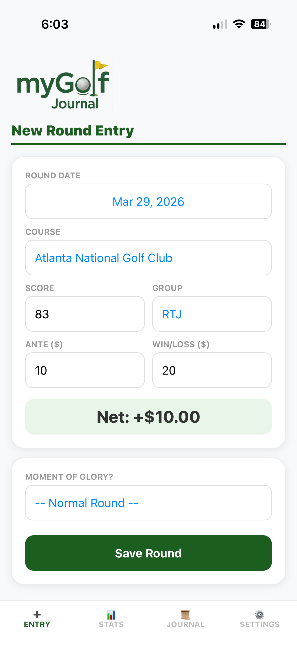 myGolf main Entry Screen