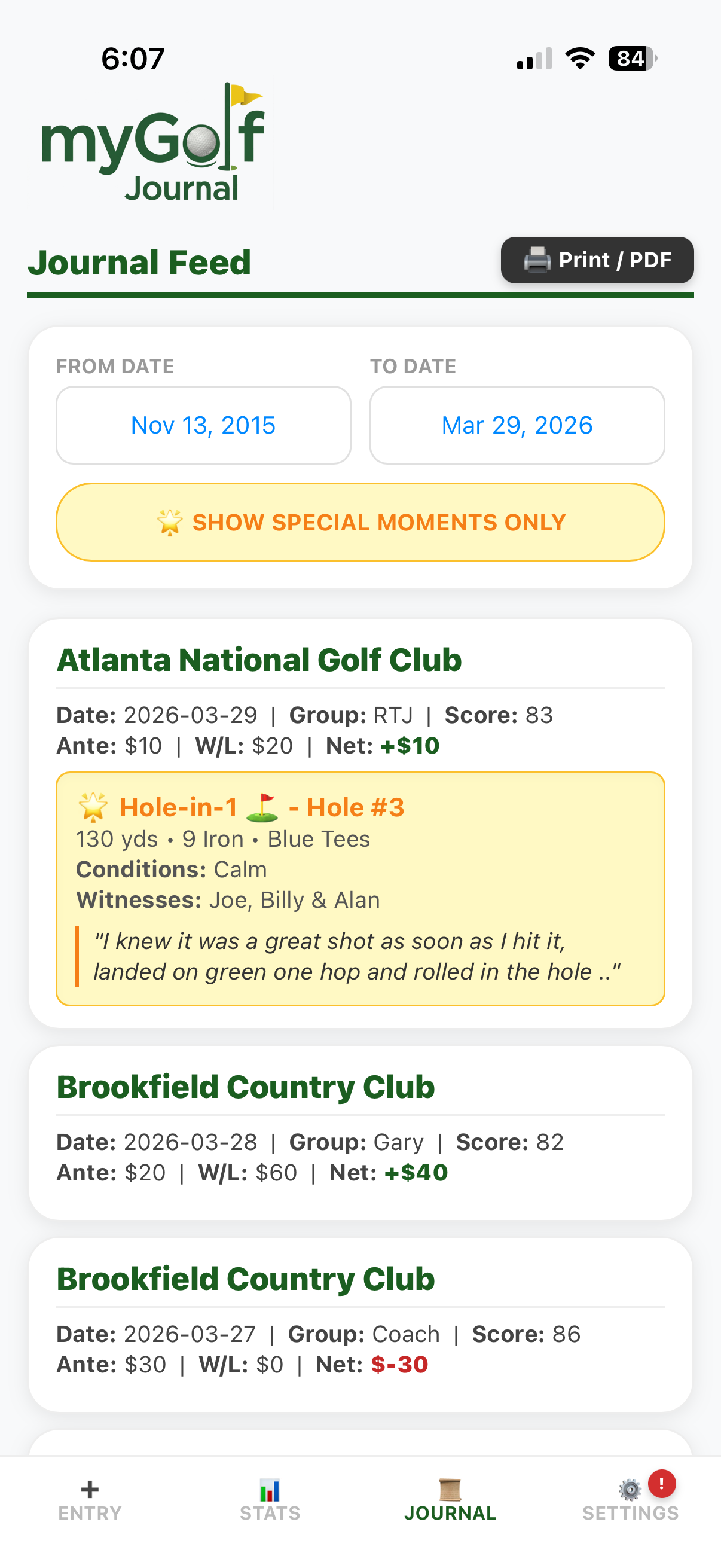 Journal entry with photo moment and round details