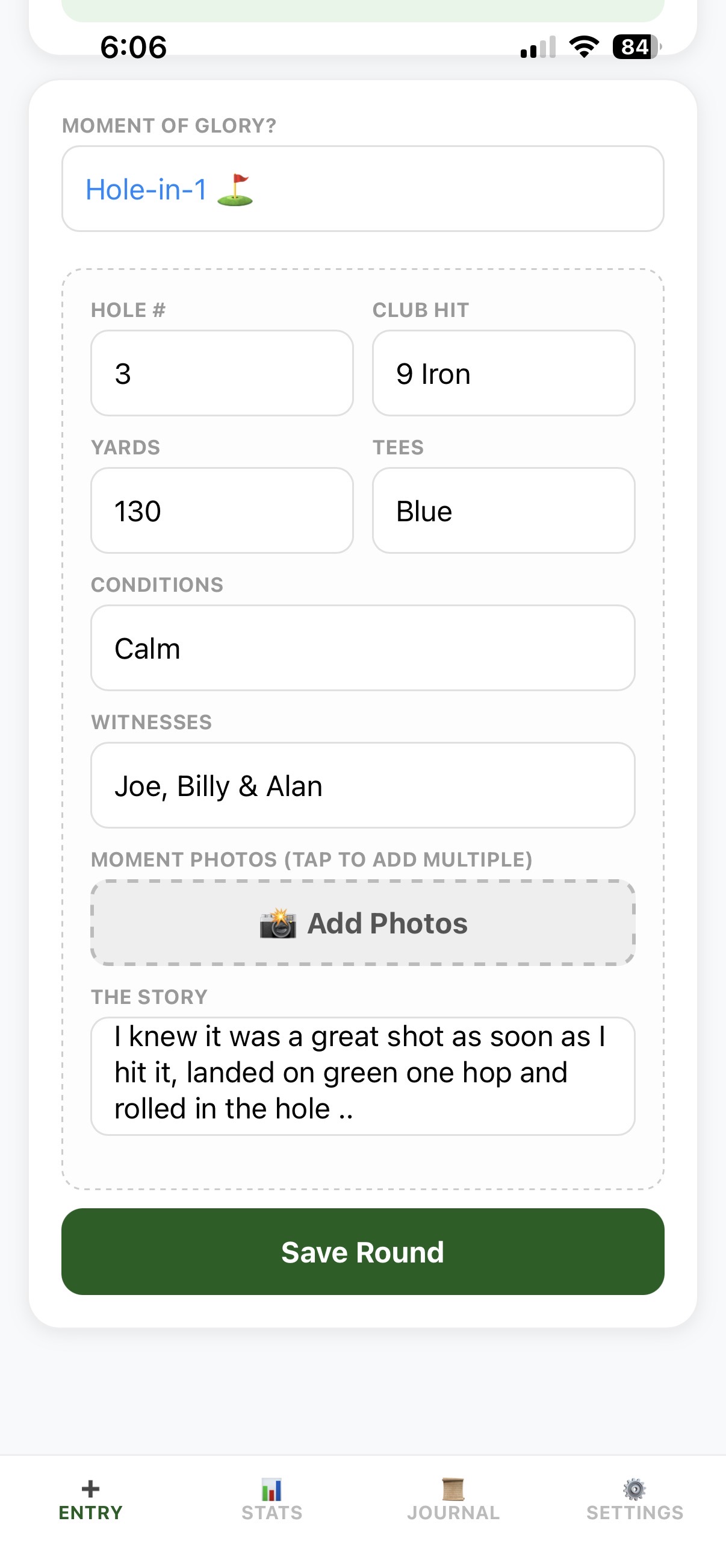 myGolf Special Moments Entry Screen